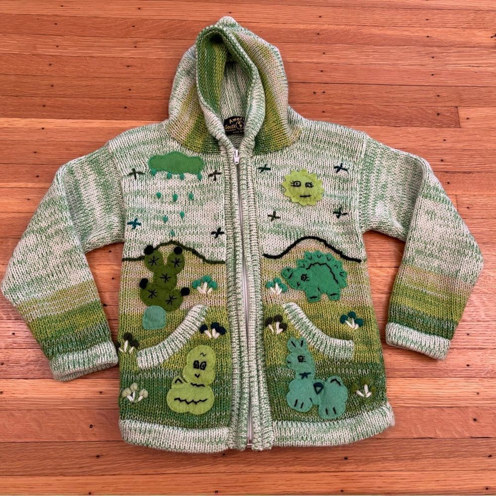 American South Side Knit Crochet Green Zip Up Hooded Cardigan Sweater